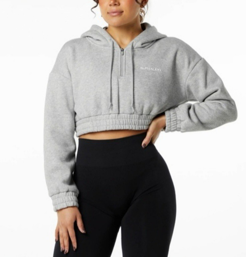 Alphalete Cropped Hoodie Womens Small Gray Elastic Waistband Logo Athleisure